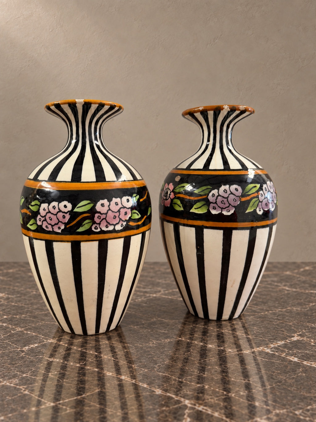 Pair of Art Deco Vases — original rim repairs and glaze wear visible