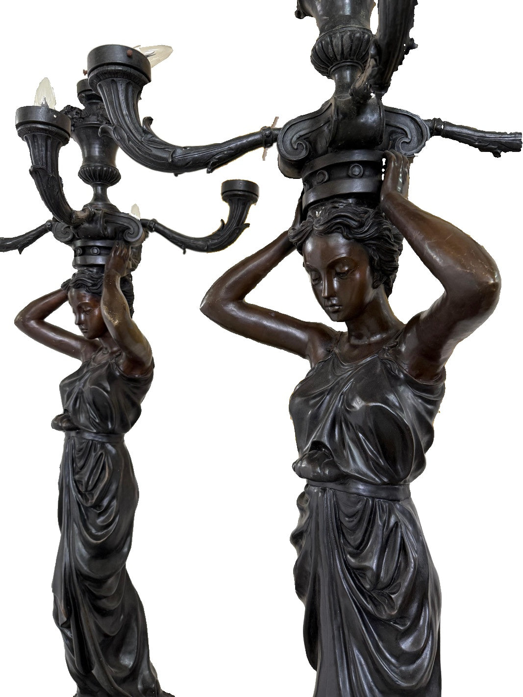 Pair of Monumental Bronze Figural Lighting Stands — additional view on white