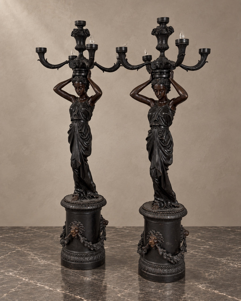 Pair of Monumental Bronze Figural Lighting Stands — styled main photograph