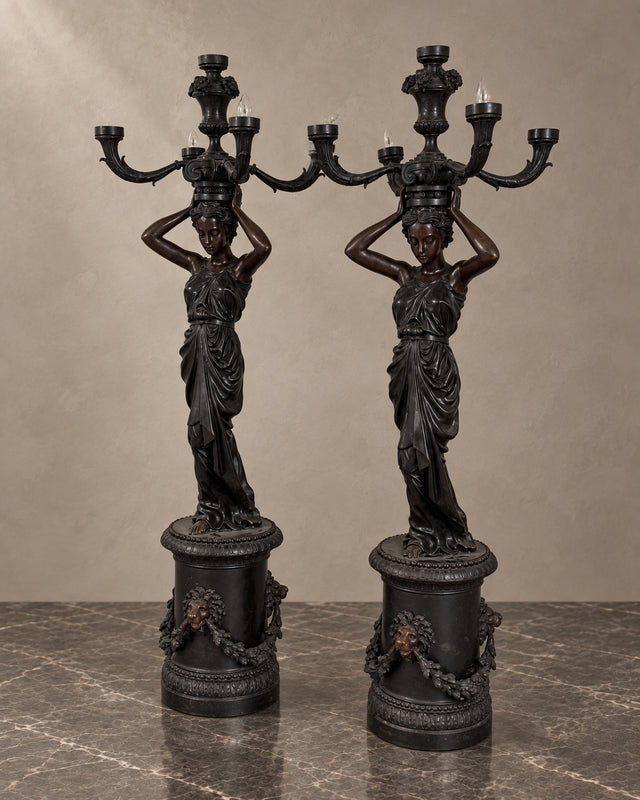 Pair of Monumental Bronze Figural Lighting Stands