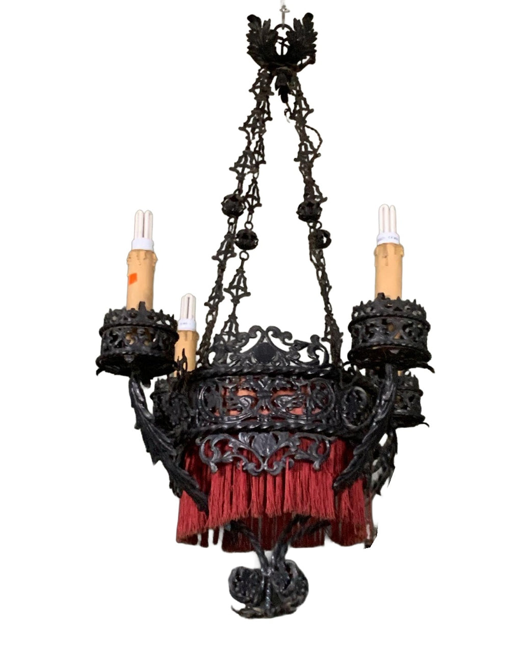 Medieval-Style Chandelier with Red Fringe — additional view on white