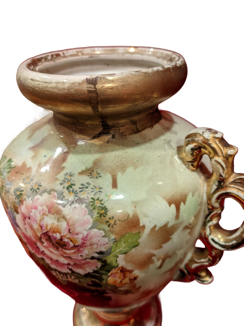 Set of Three Hand-Painted Floral Porcelain Vases — condition detail on white