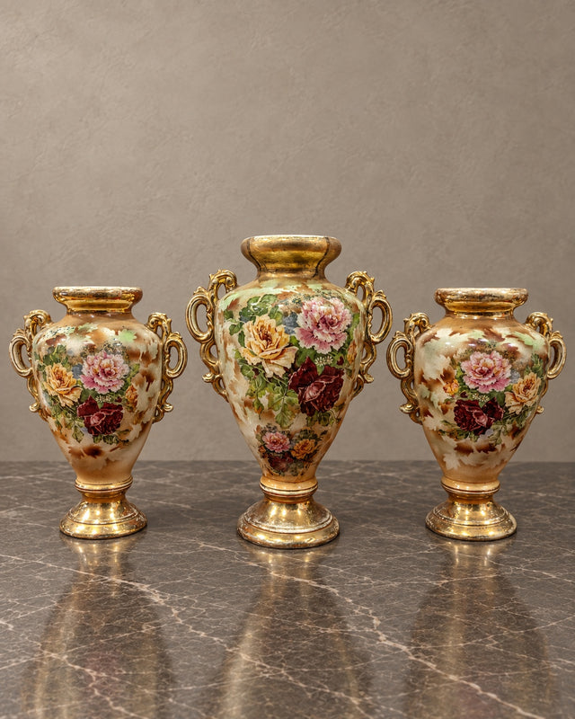 Set of Three Hand-Painted Floral Porcelain Vases