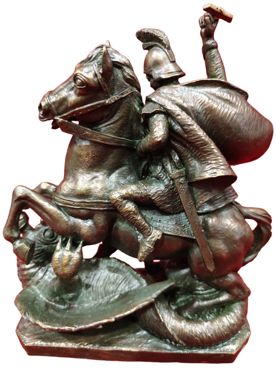 Signed Bronze Warrior and Dragon — additional view on white