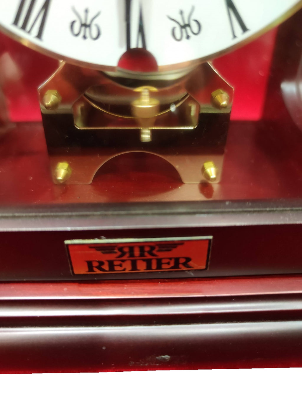 Wooden Display-Case Skeleton Clock — condition detail on white