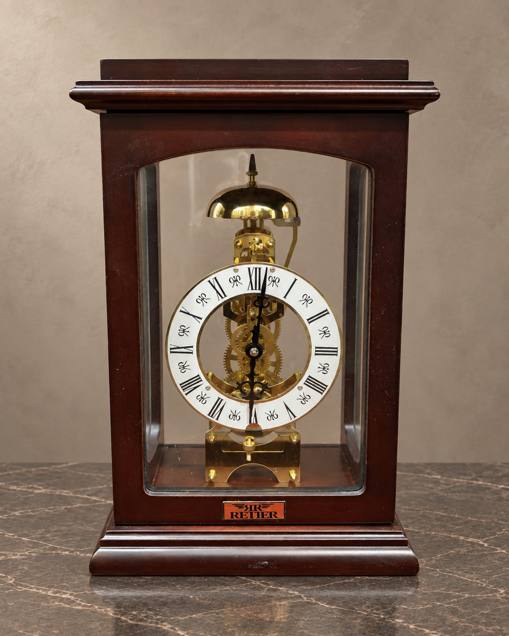 Wooden Display-Case Skeleton Clock — styled main photograph