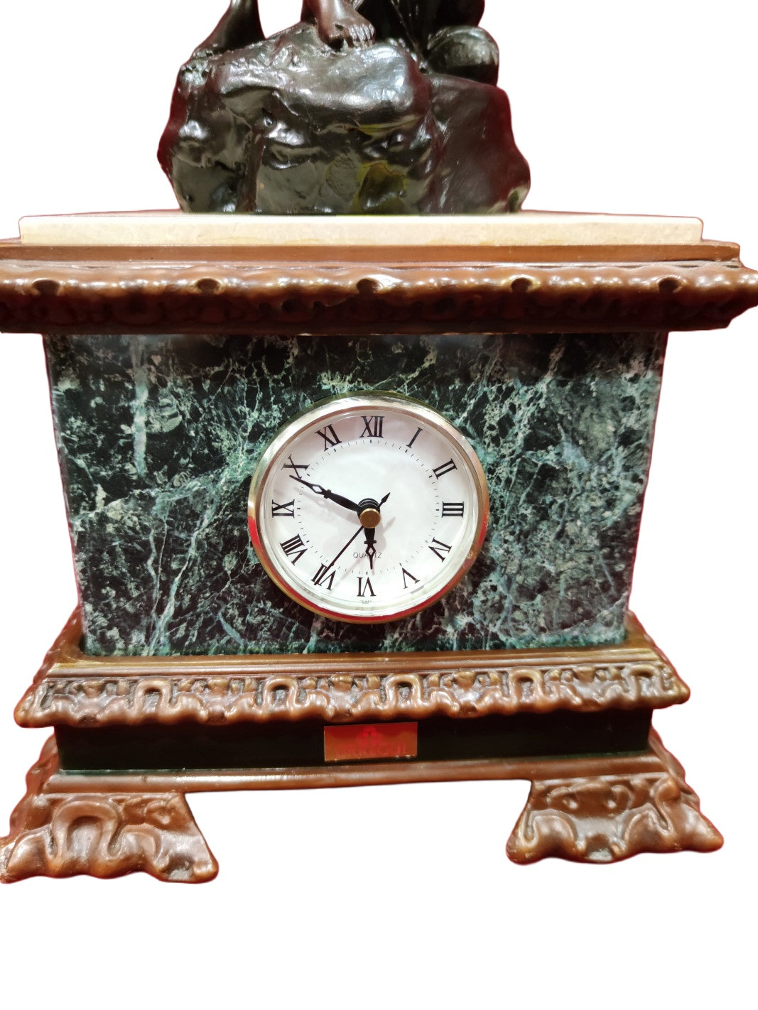 Figural Mantel Clock on Marble Pedestal — additional view on white