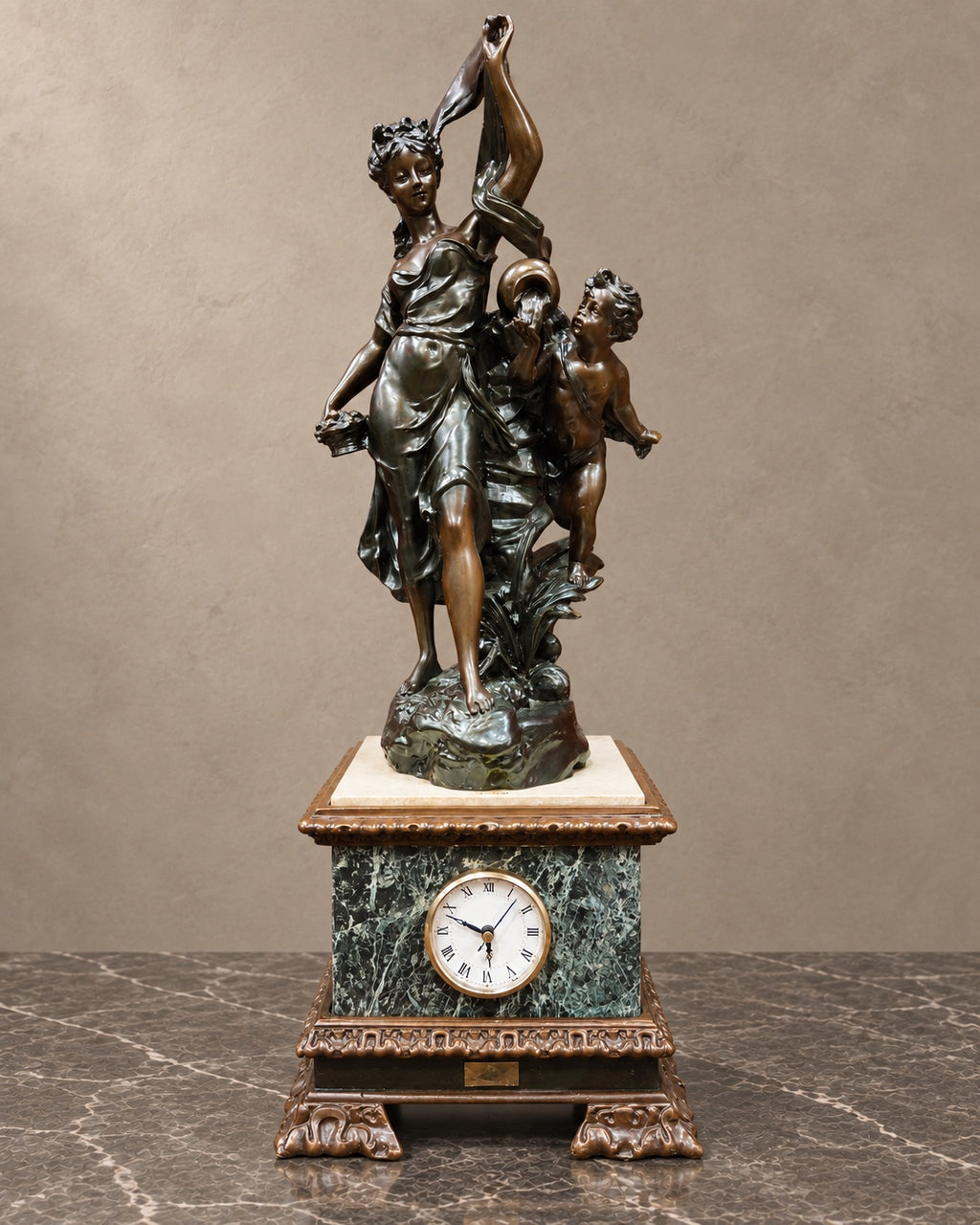 Figural Mantel Clock on Marble Pedestal — styled main photograph