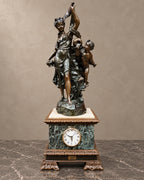 Figural Mantel Clock on Marble Pedestal — styled main photograph