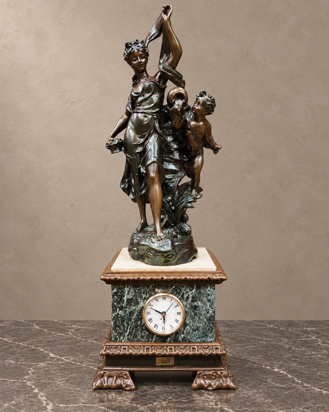 Figural Mantel Clock on Marble Pedestal — styled main photograph