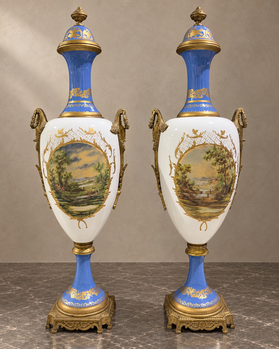 Pair of Monumental Blue and White Porcelain Vases — styled main photograph