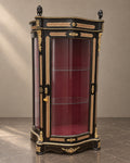 Napoleon III marquetry display cabinet with curved glass, bronze mounts and burgundy lining