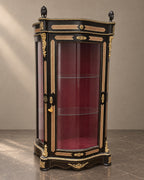 Napoleon III marquetry display cabinet with curved glass, bronze mounts and burgundy lining