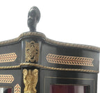 Original cabinet detail showing geometric marquetry, bronze mounts and surface patina