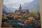 Mountain Church and River, Oil Painting Signed Verdú — detail view 3