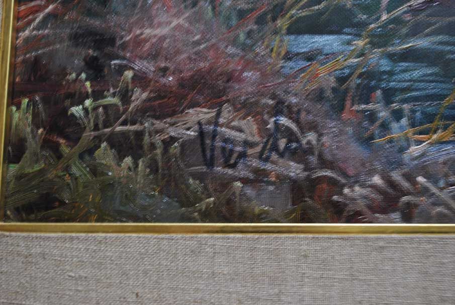Mountain Church and River, Oil Painting Signed Verdú — detail view 6