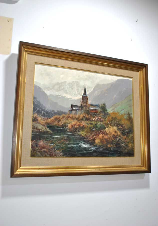 Mountain Church and River, Oil Painting Signed Verdú