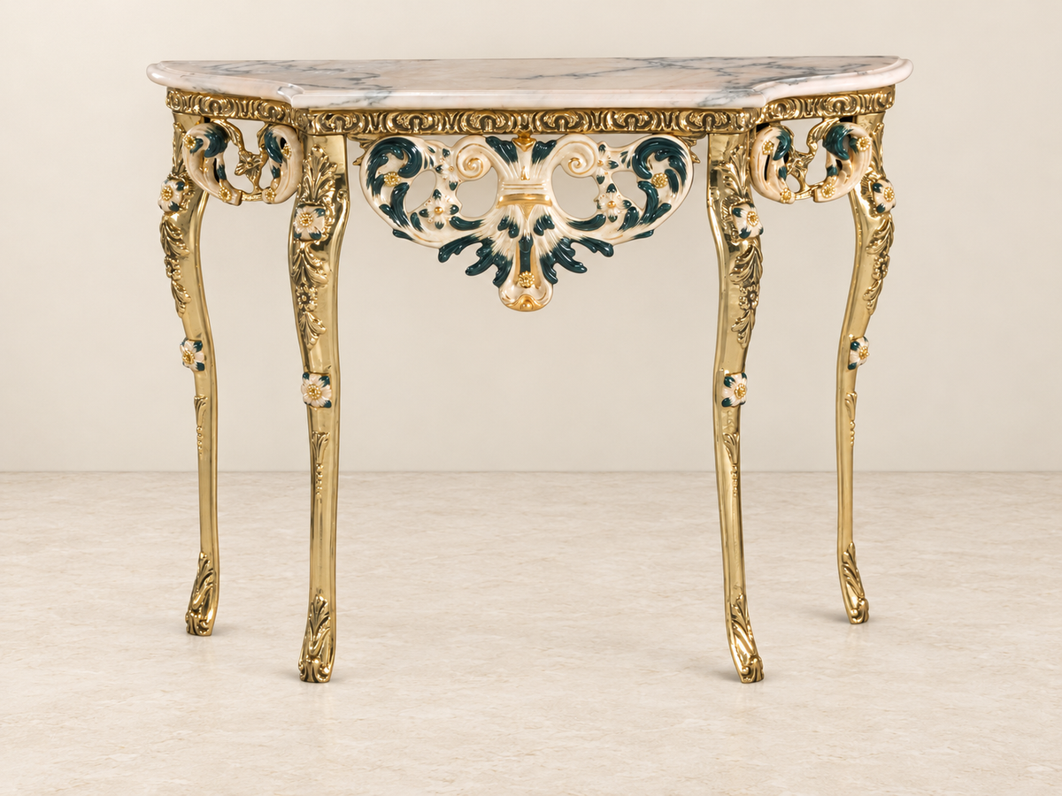Golden Console Table with Green and Cream Porcelain Ornament