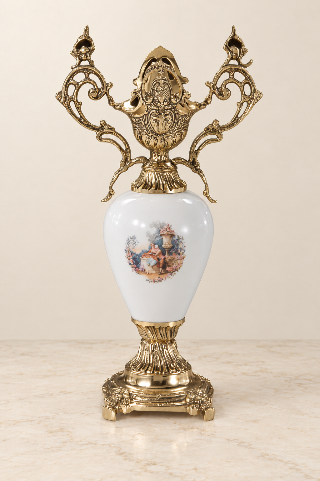 Porcelain vase with a pastoral scene and ornate handles