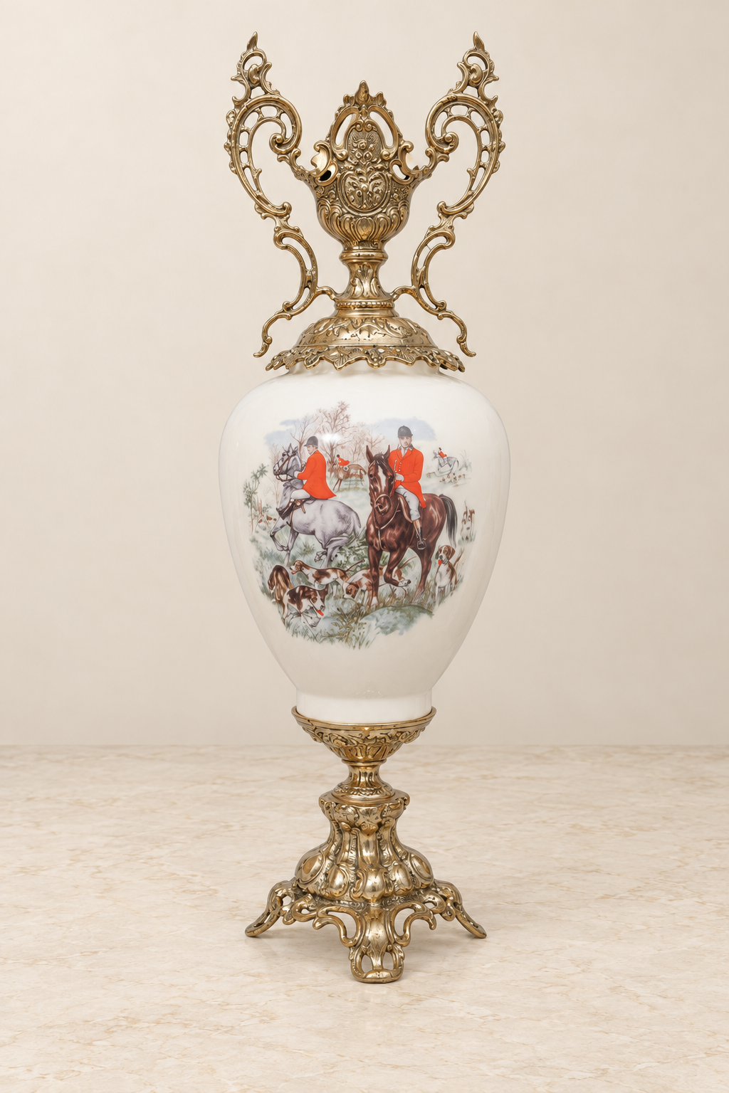 Large porcelain amphora vase with a hunting scene