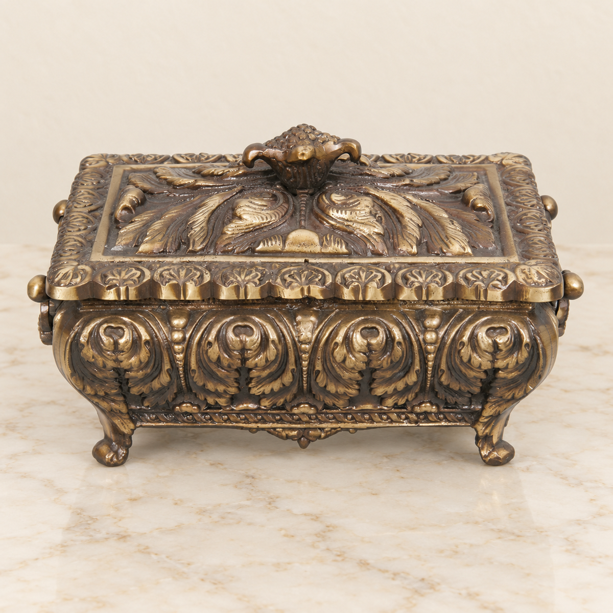 Two-handled jewellery casket with leaf relief