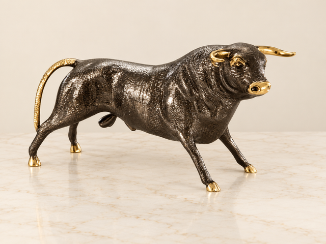 Stierenbeeld in brede stand met patina-effect