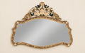 Wide Golden Wall Mirror with Green and Cream Porcelain Crest