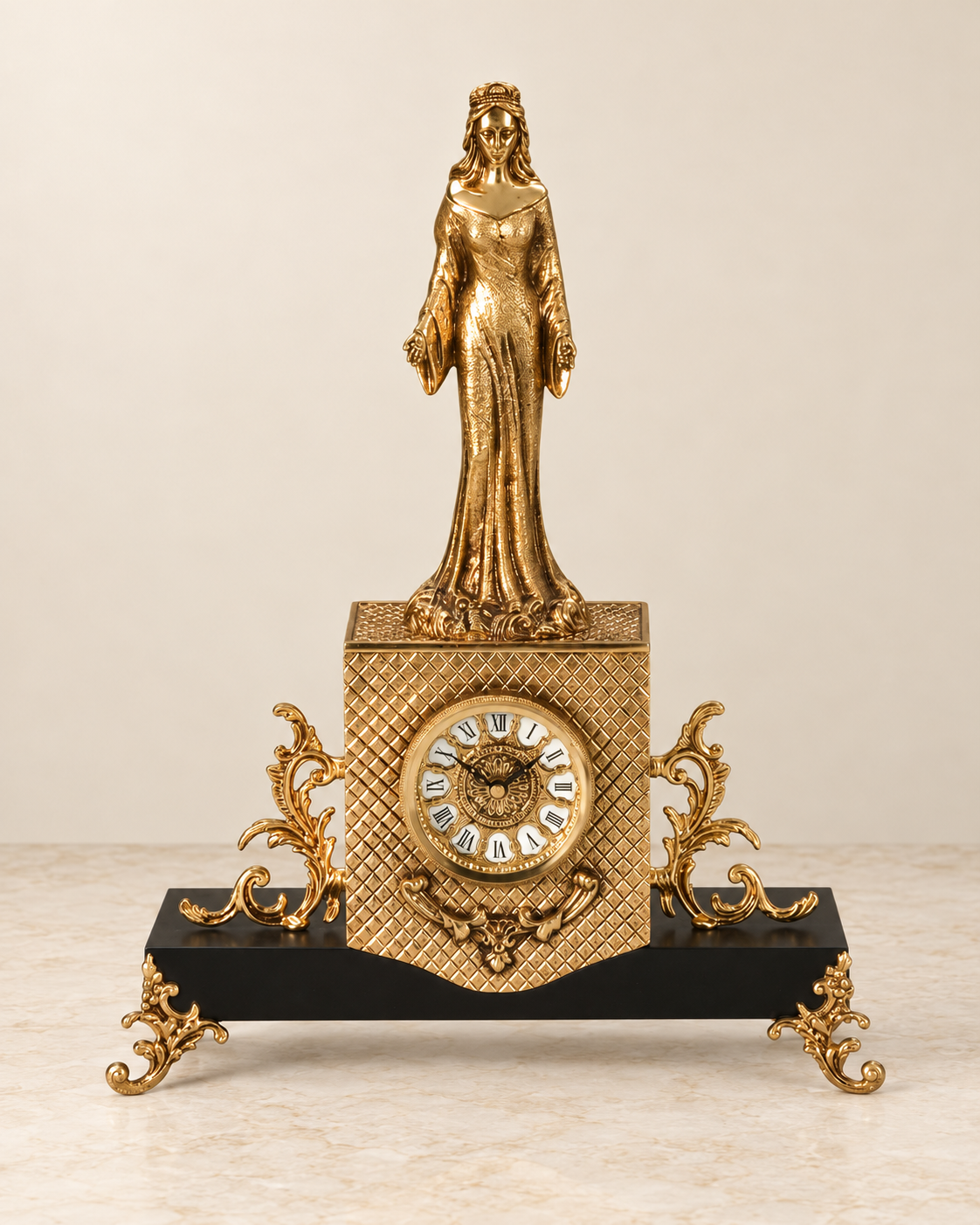 Crowned lady mantel clock with a dark plinth