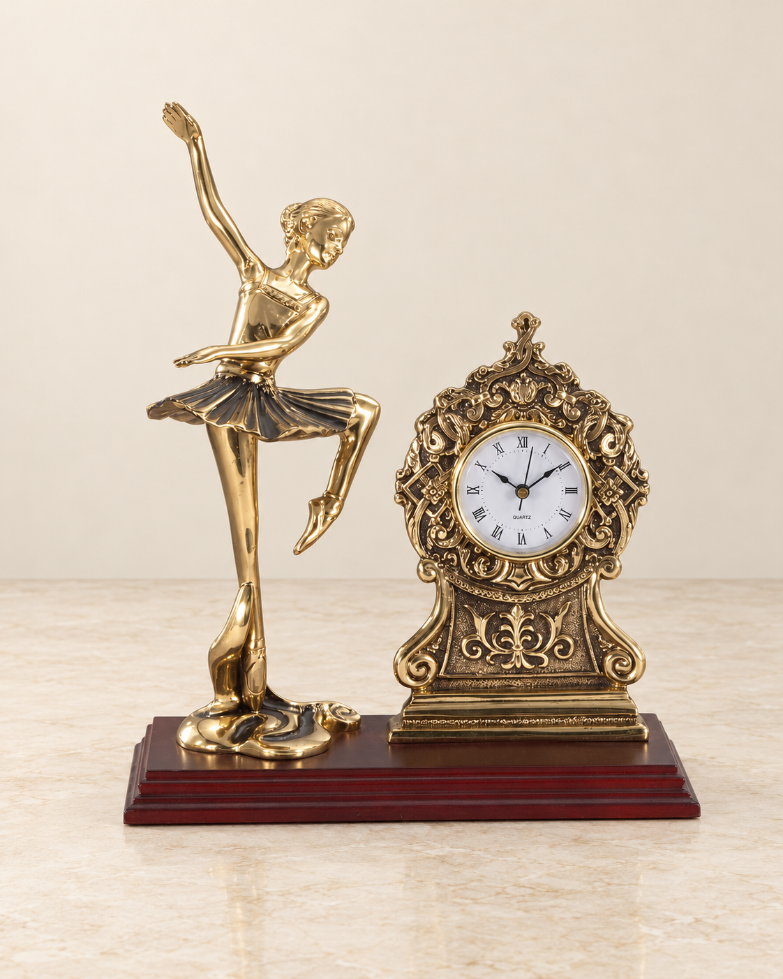 Ballerina mantel clock on a wooden base