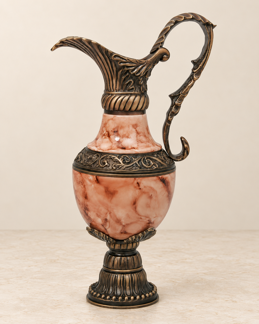 Pink Veined Decorative Ewer with Scroll Handle