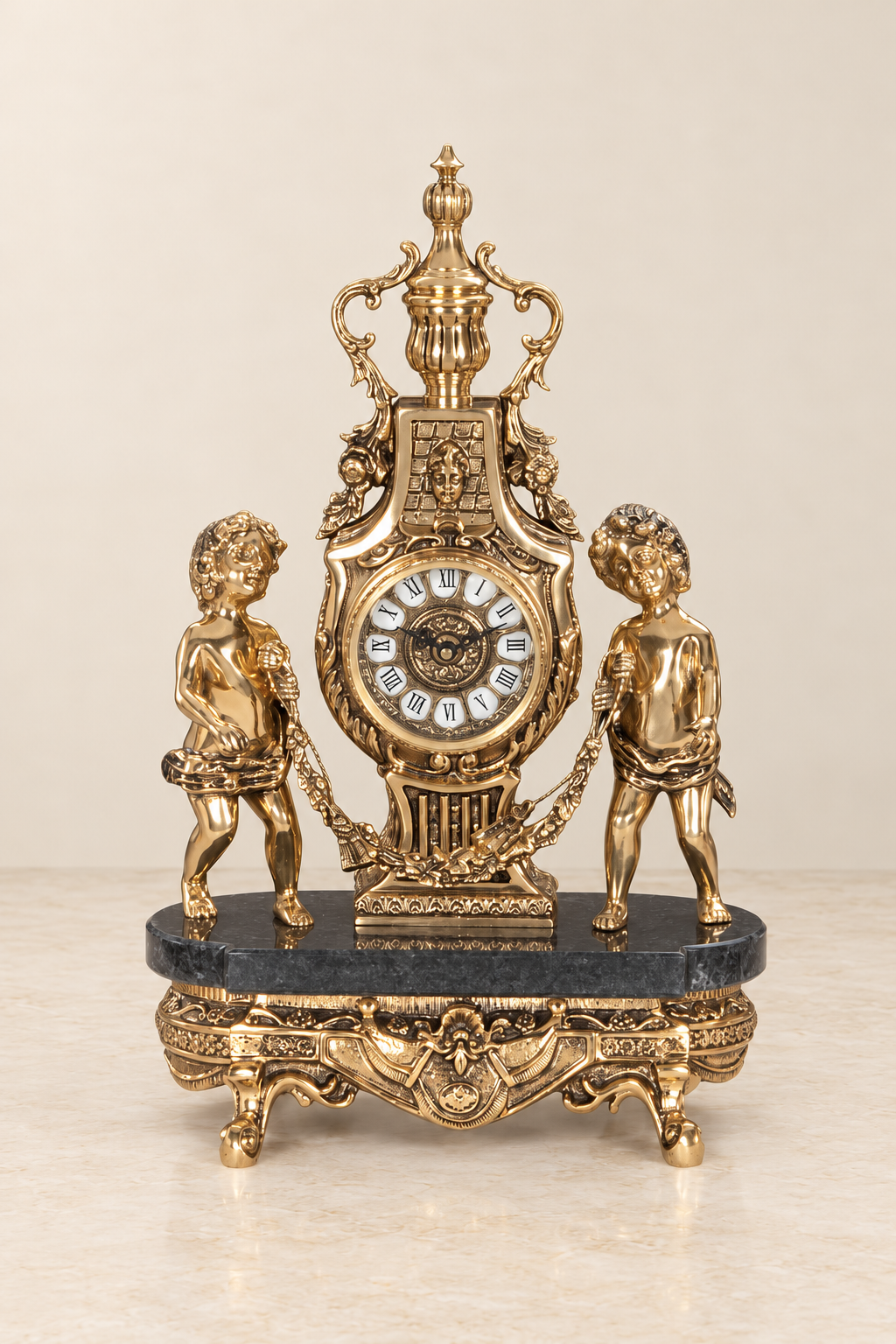Empire-style mantel clock with two cherubs