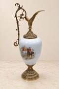 Porcelain hunting-scene ewer with a tall scroll handle