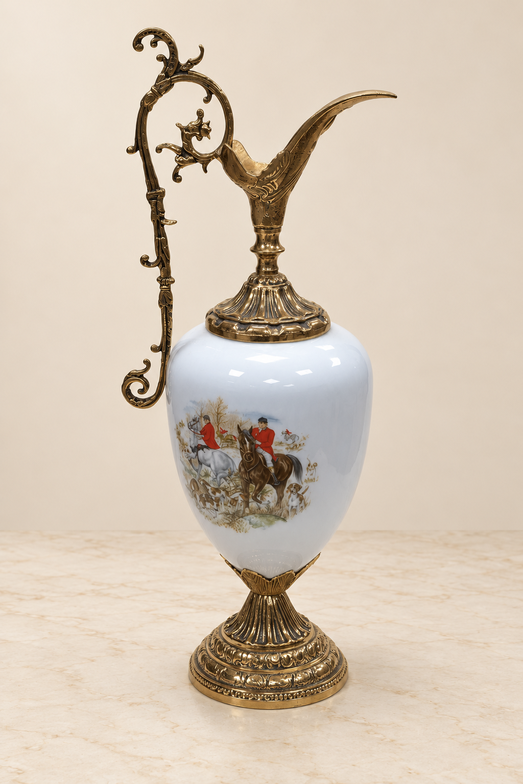 Porcelain hunting-scene ewer with a tall scroll handle