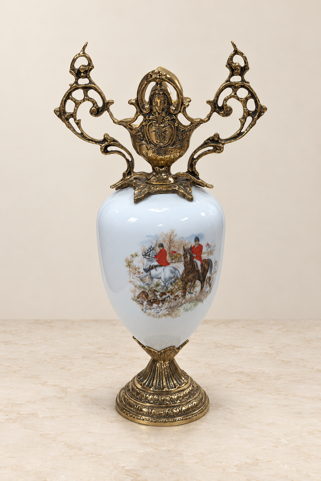 Two-handled porcelain vase with a hunting scene