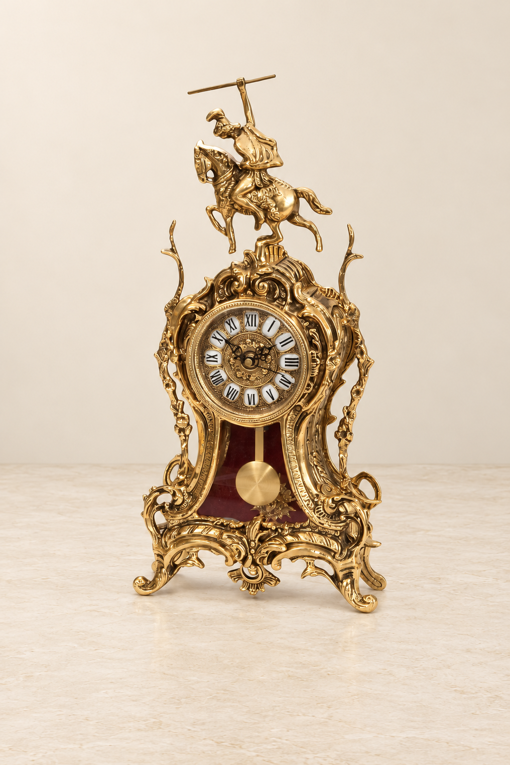 Knight and horse mantel clock with visible pendulum