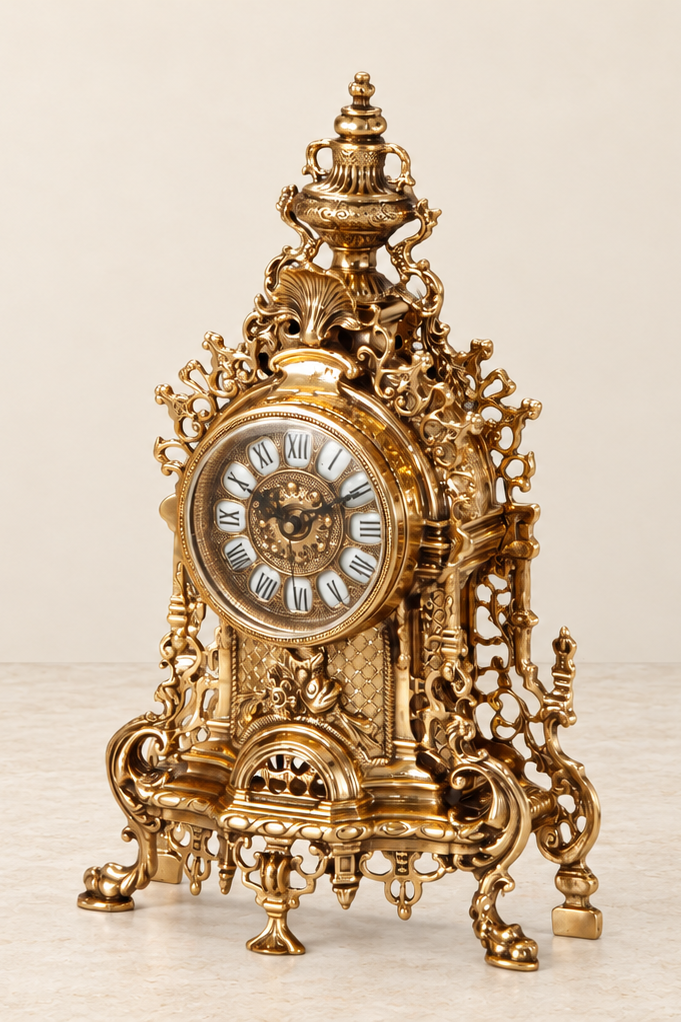 Pierced mantel clock with an urn finial