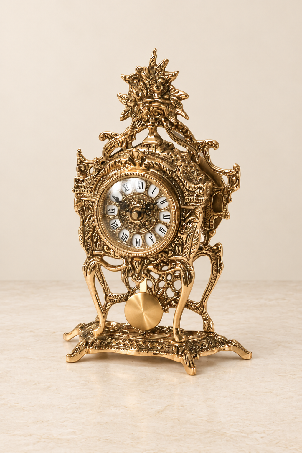 Openwork mantel clock with a visible pendulum