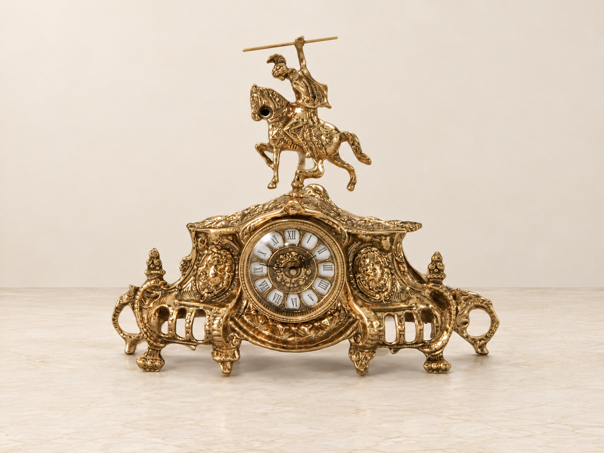 Wide mantel clock with a mounted knight