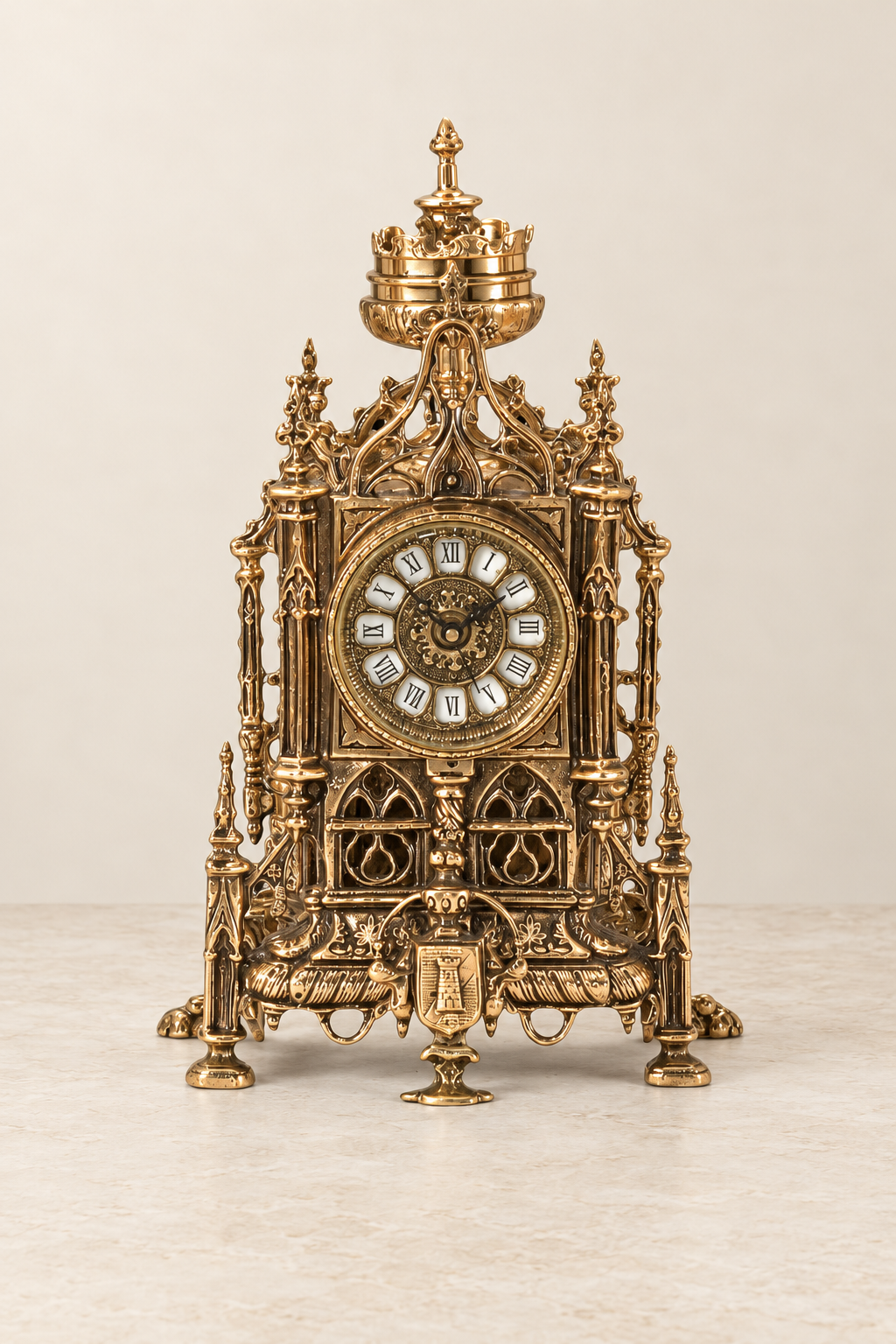Castle-inspired mantel clock with Gothic tracery