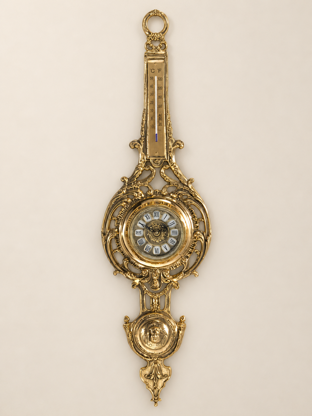 Scrollwork wall clock with thermometer