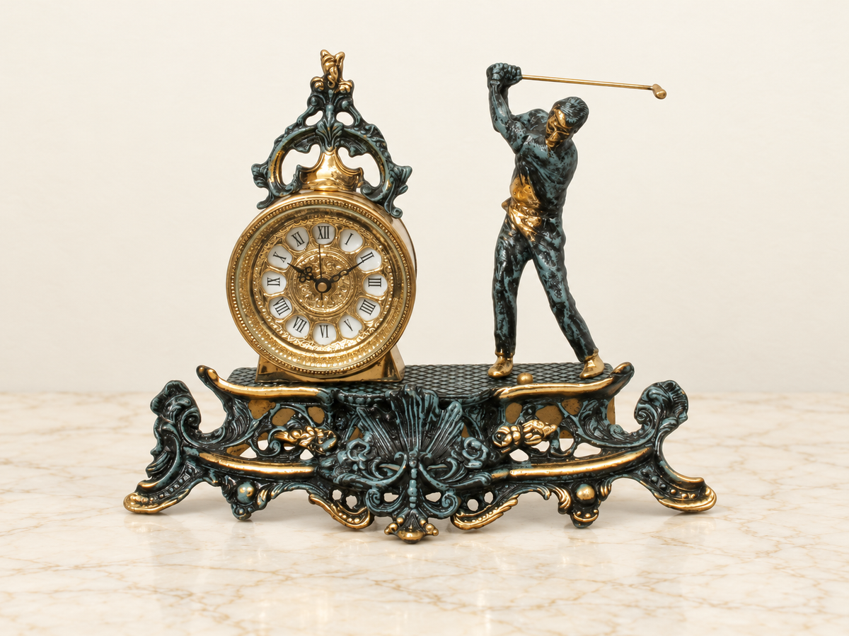 Golfer mantel clock in green and gold tones