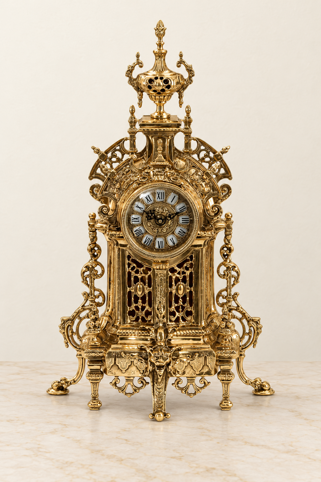 Architectural mantel clock with urn finial
