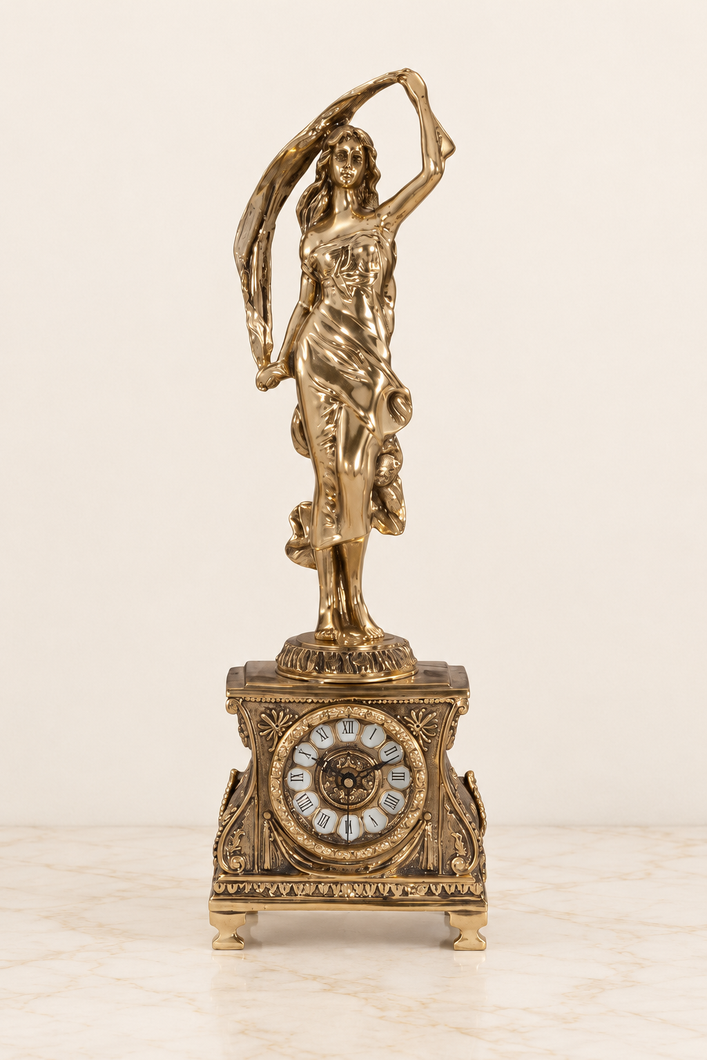 Mantel clock with lady and ribbon