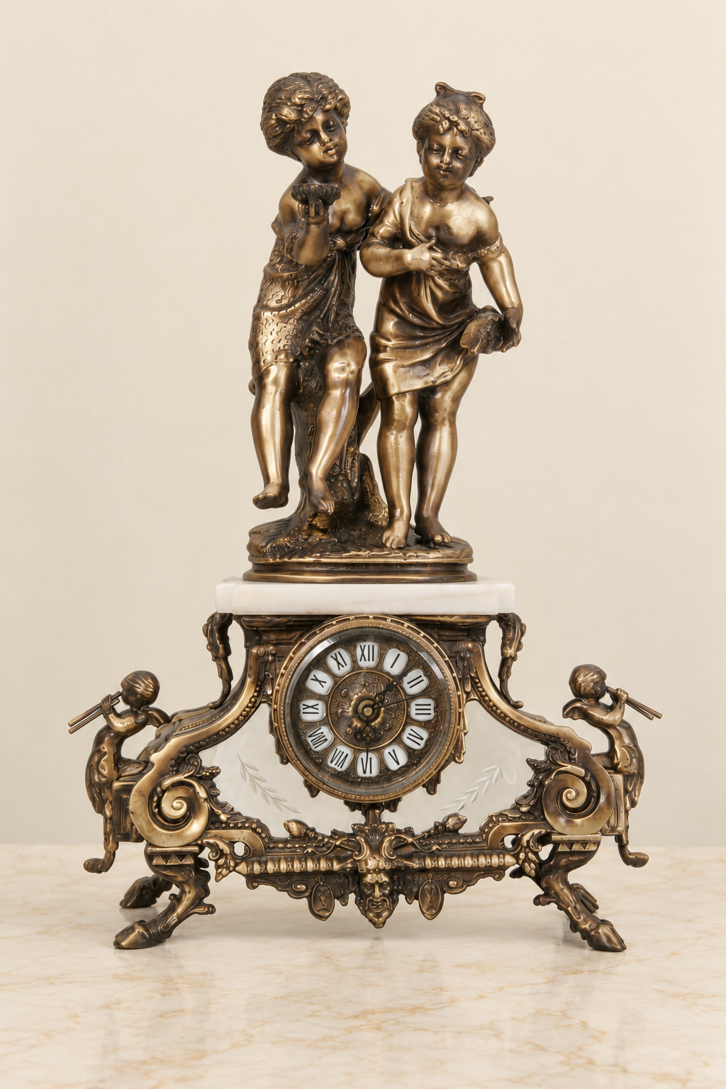 Figural mantel clock with children and musicians