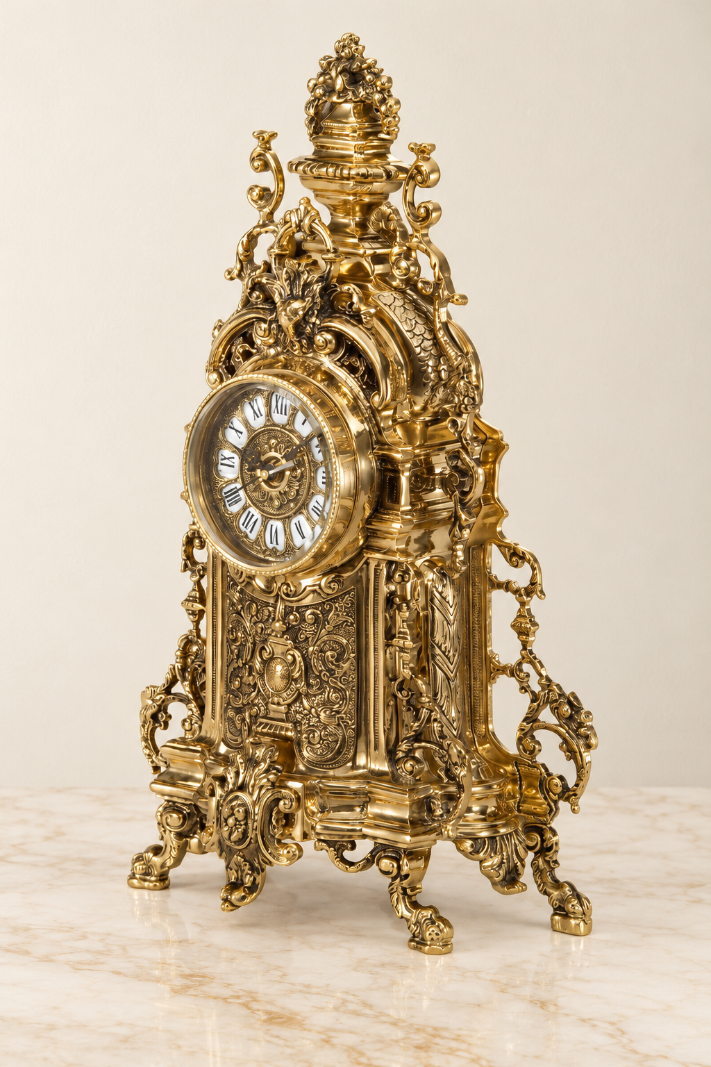 Fruit-crowned architectural mantel clock