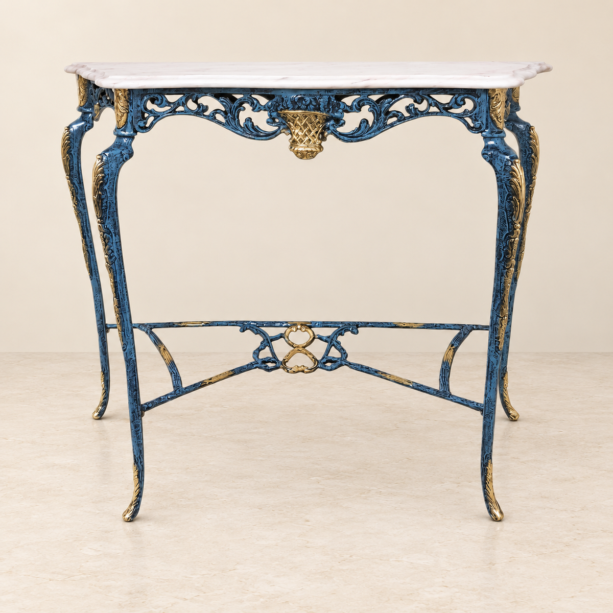 Blue and Gold Console Table with Basket Ornament
