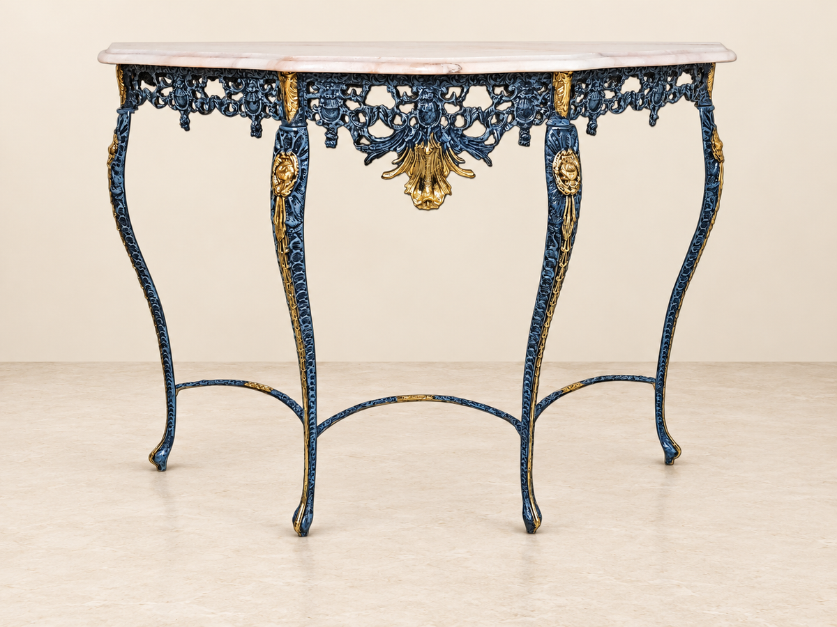 Blue and Gold Console Table with Palmette Apron