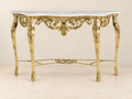 Golden Console Table with Floral Legs and Scroll Apron
