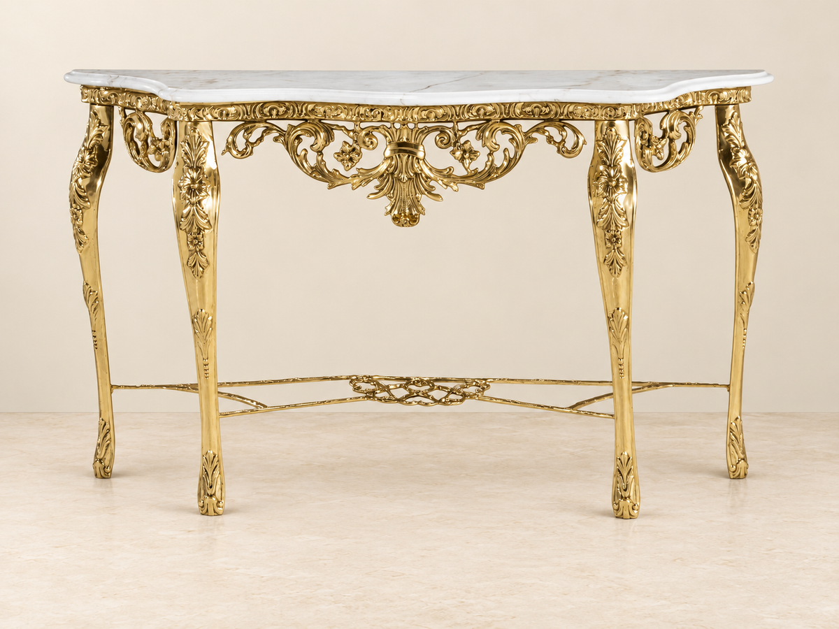 Golden Console Table with Floral Legs and Scroll Apron