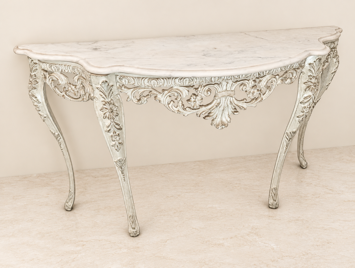 Ivory Console Table with Floral Relief and Open Scrollwork
